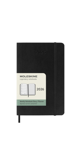 2026 12-month Black Pocket Weekly Notebook/Diary Softcover